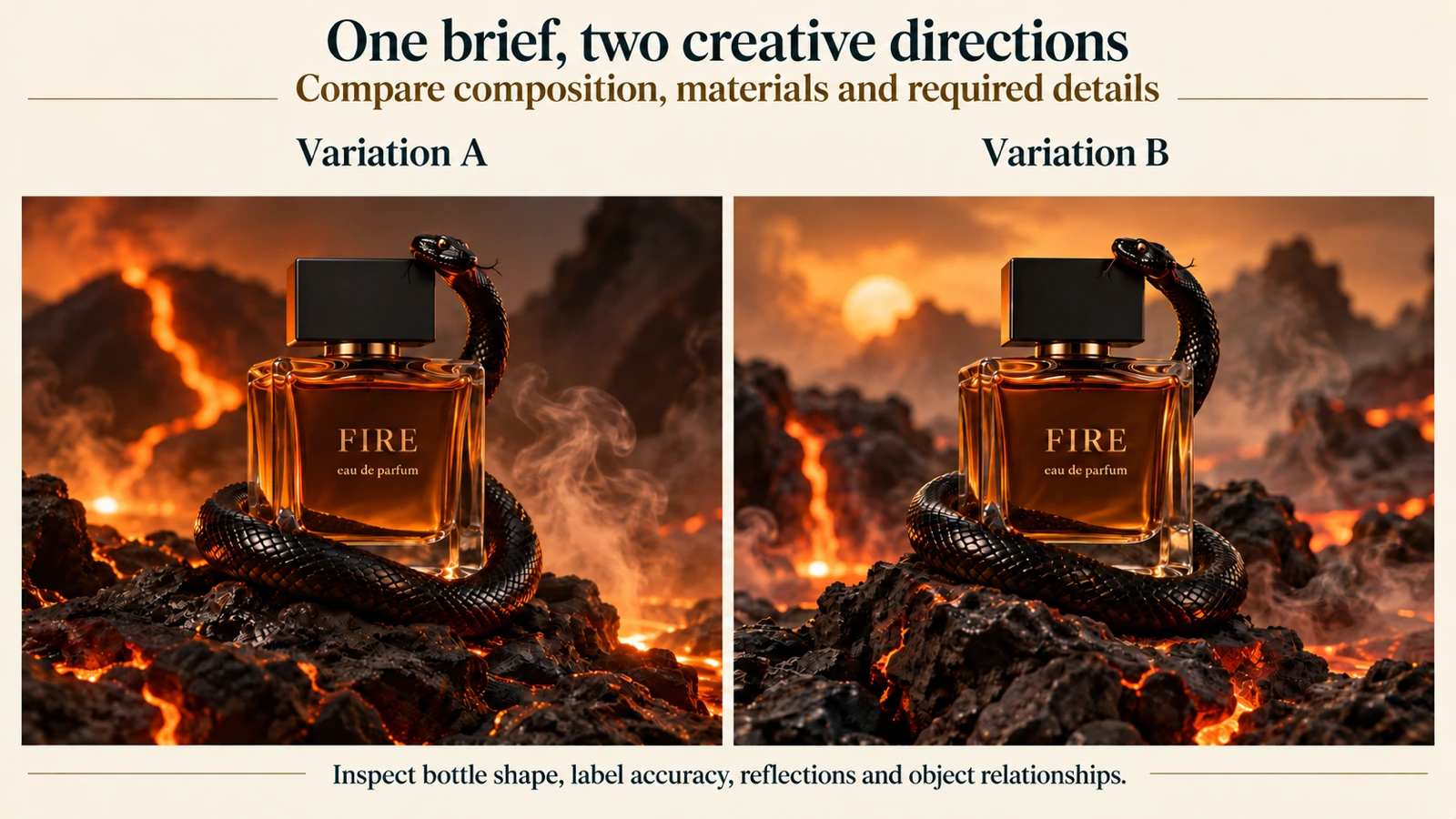 Two perfume campaign concepts illustrating composition, materials, and required details from one shared brief