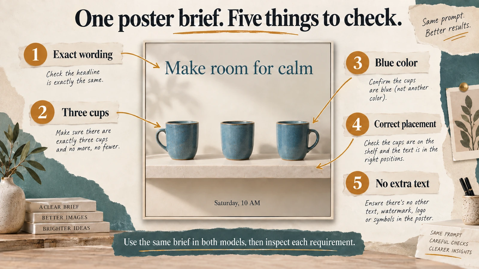 Annotated poster showing five checks for image generation: exact wording, cup count, blue color, placement, and no extra text
