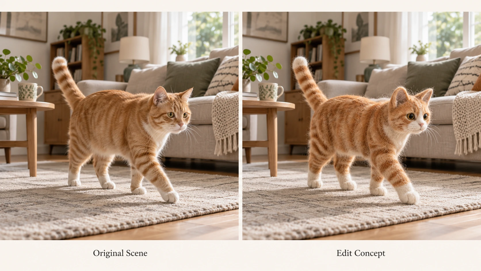 Konzept zur Stilbearbeitung einer orangefarbenen Katze, das eine echte Katze mit einer Filzfigur im selben Wohnzimmer vergleicht