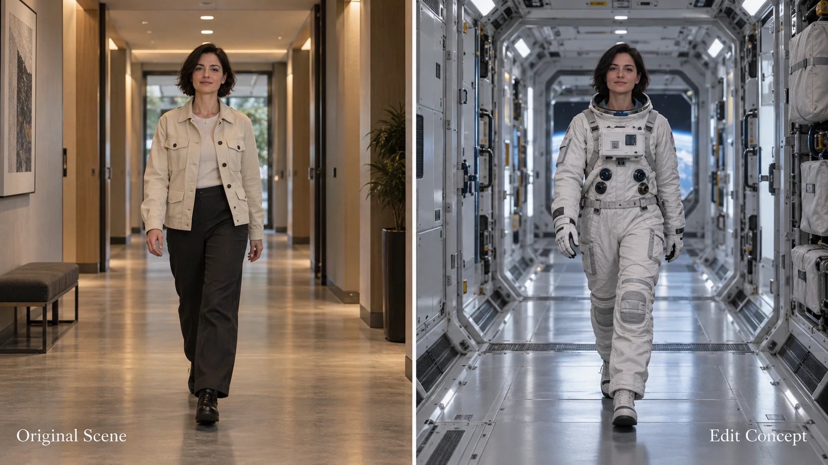 Konzept für den Austausch von Figur und Setting, das einen Gang durch einen Korridor als Astronauten in einer Raumstation neu interpretiert